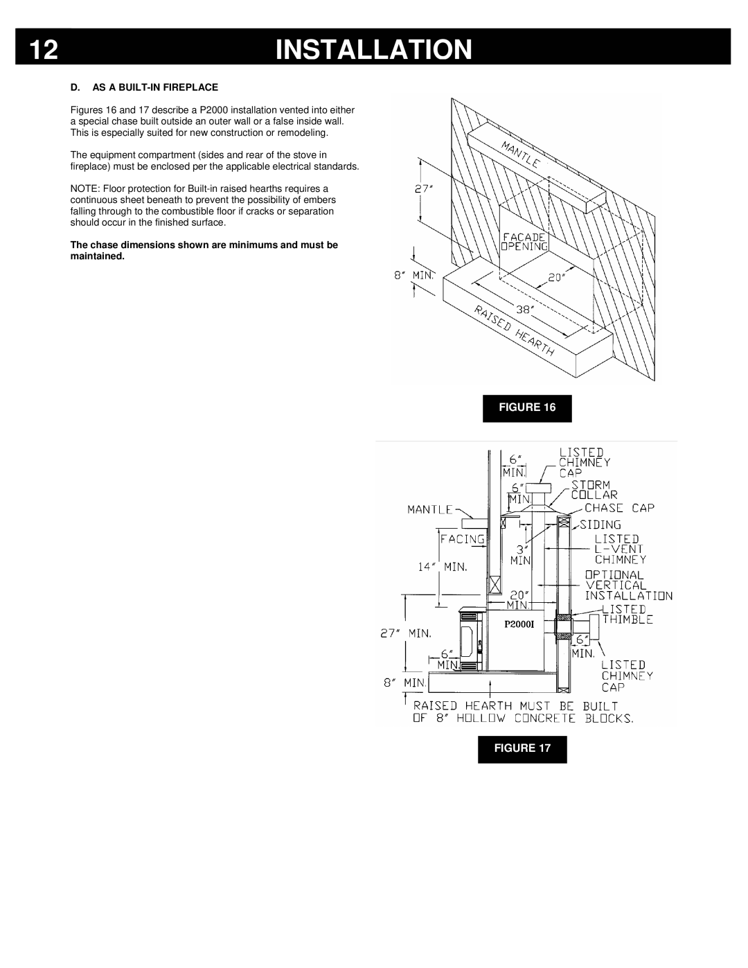 Breckwell P2000FS, P2000I AS a BUILT-IN Fireplace, Chase dimensions shown are minimums and must be maintained 