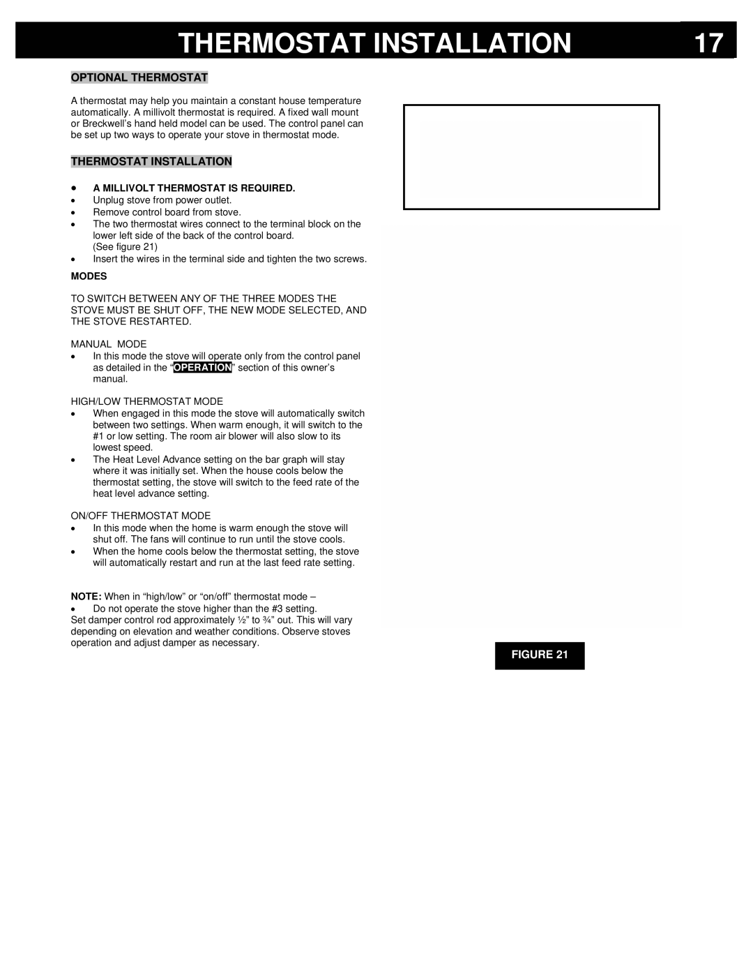 Breckwell P2000I, P2000FS owner manual Thermostat Installation, Optional Thermostat, Millivolt Thermostat is Required, Modes 