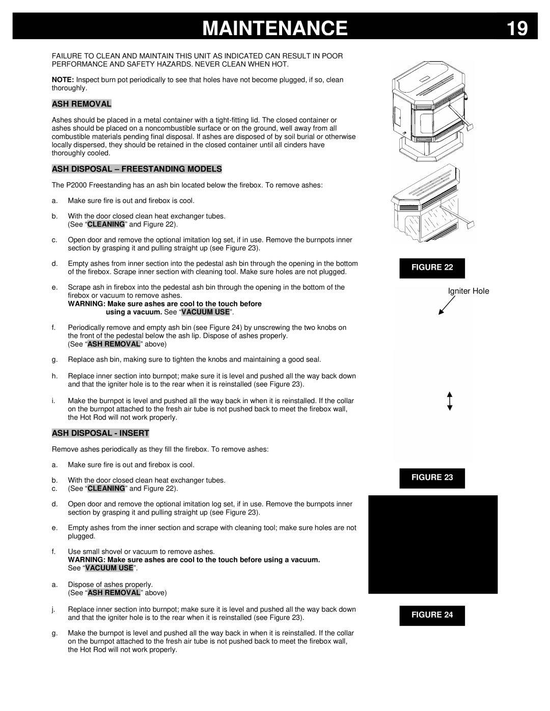 Breckwell P2000FS, P2000I owner manual Maintenance, ASH Removal, ASH Disposal Freestanding Models, ASH Disposal Insert 