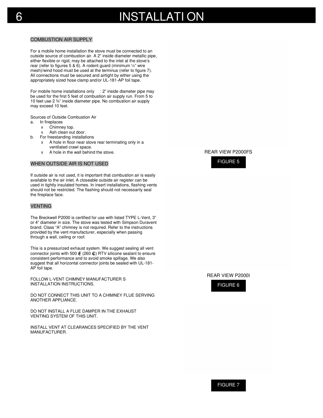 Breckwell owner manual Combustion AIR Supply, When Outside AIR is not Used, Venting, Rear View P2000FS Rear View P2000I 