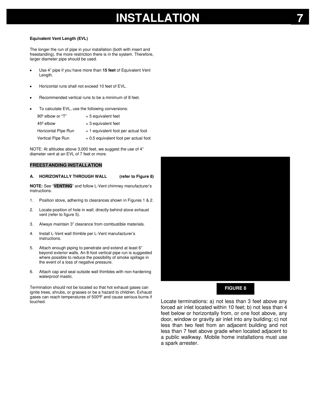 Breckwell P2000FS, P2000I owner manual Freestanding Installation, Equivalent Vent Length EVL, Horizontally Through Wall 
