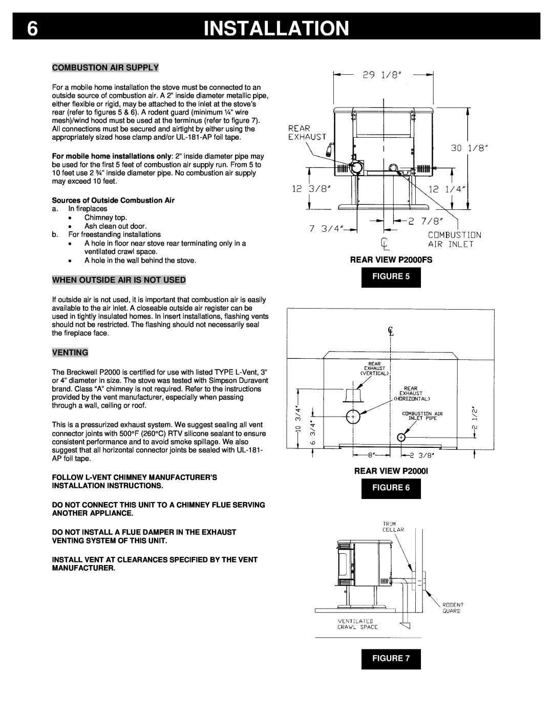 Breckwell Installation, Combustion Air Supply, When Outside Air Is Not Used, Venting, REAR VIEW P2000FS, Figure Figure 