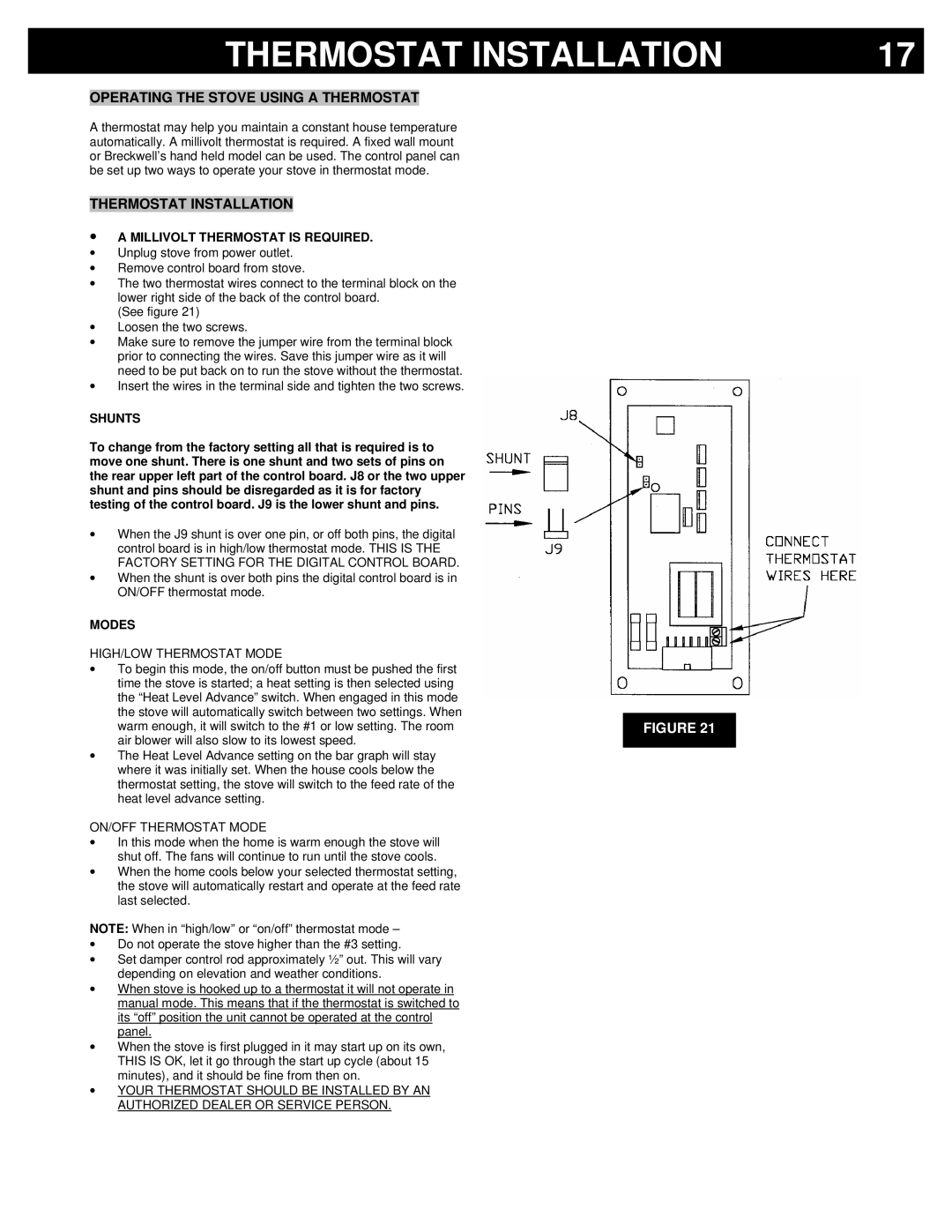 Breckwell P2000 owner manual Thermostat Installation, Operating the Stove Using a Thermostat 