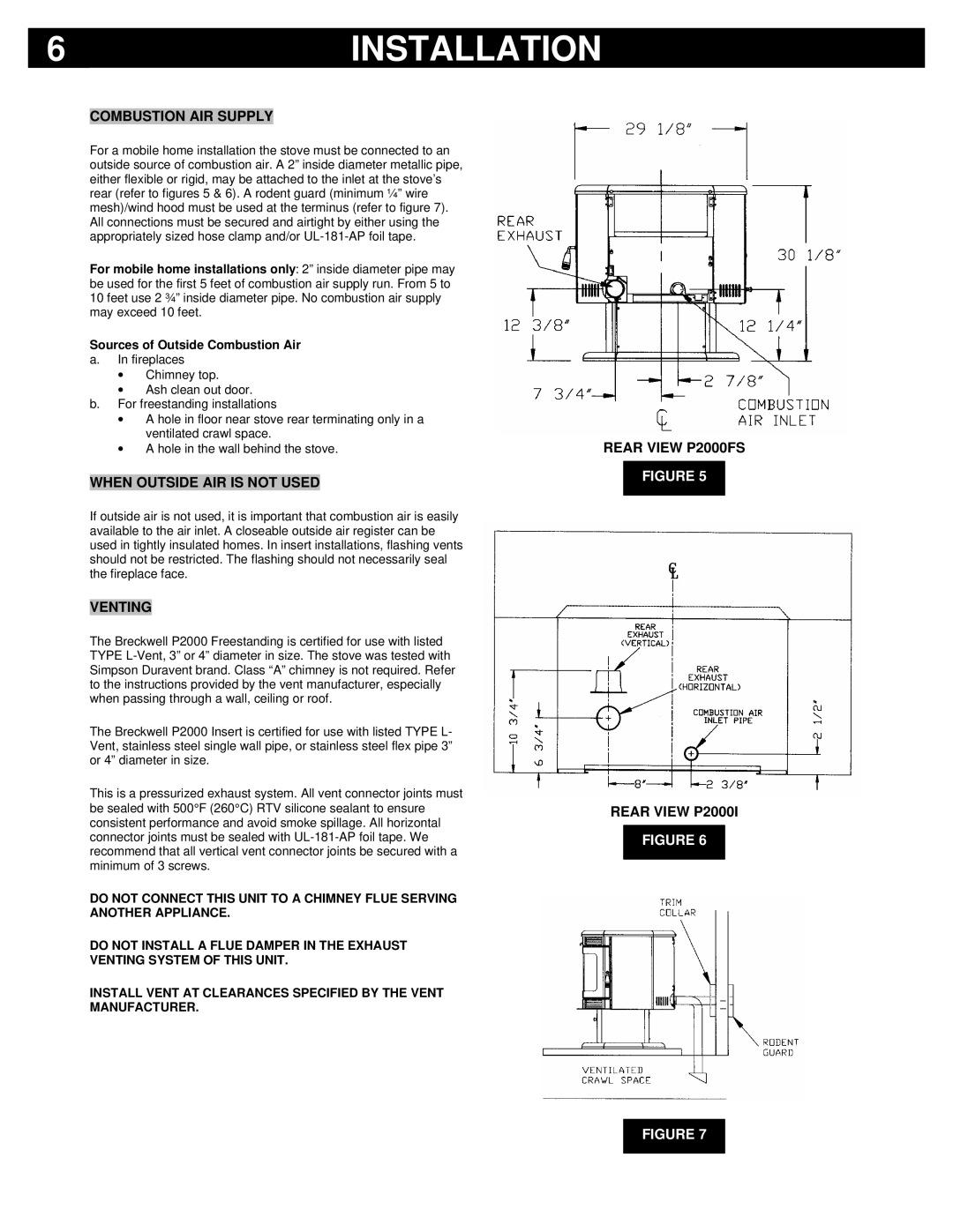 Breckwell owner manual Combustion AIR Supply, When Outside AIR is not Used, Venting, Rear View P2000FS Rear View P2000I 