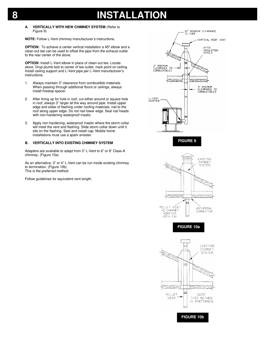 Breckwell P2000 owner manual Vertically with NEW Chimney System Refer to Figure, Vertically Into Existing Chimney System 