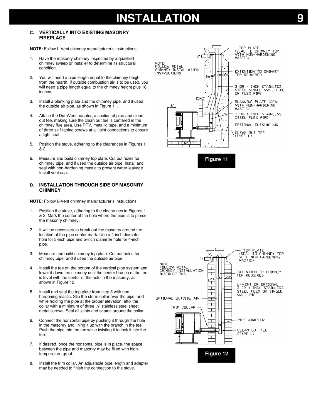 Breckwell P2000 owner manual Vertically Into Existing Masonry Fireplace, Installation Through Side of Masonry Chimney 