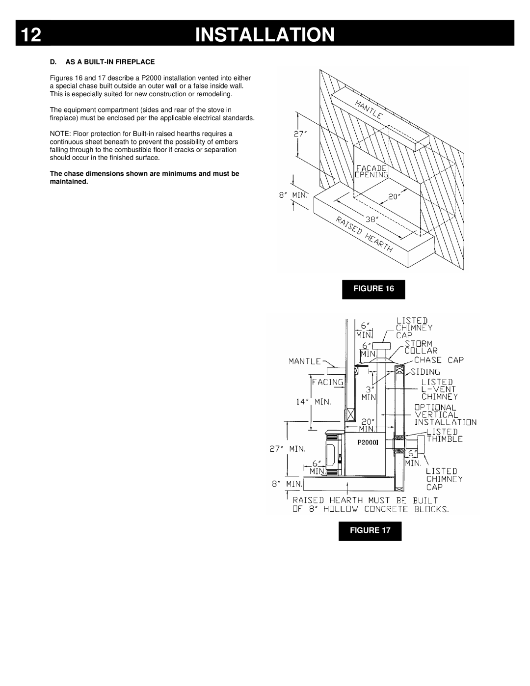 Breckwell P2000FS, P2000I owner manual AS a BUILT-IN Fireplace, Chase dimensions shown are minimums and must be maintained 