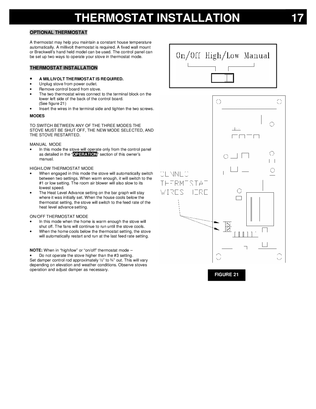 Breckwell P2000I, P2000FS Thermostat Installation, Optional Thermostat, ∙ a Millivolt Thermostat is Required, Modes 