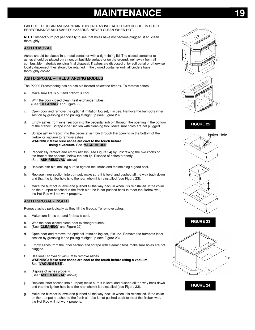 Breckwell P2000I, P2000FS owner manual Maintenance, ASH Removal, ASH Disposal Freestanding Models, ASH Disposal Insert 