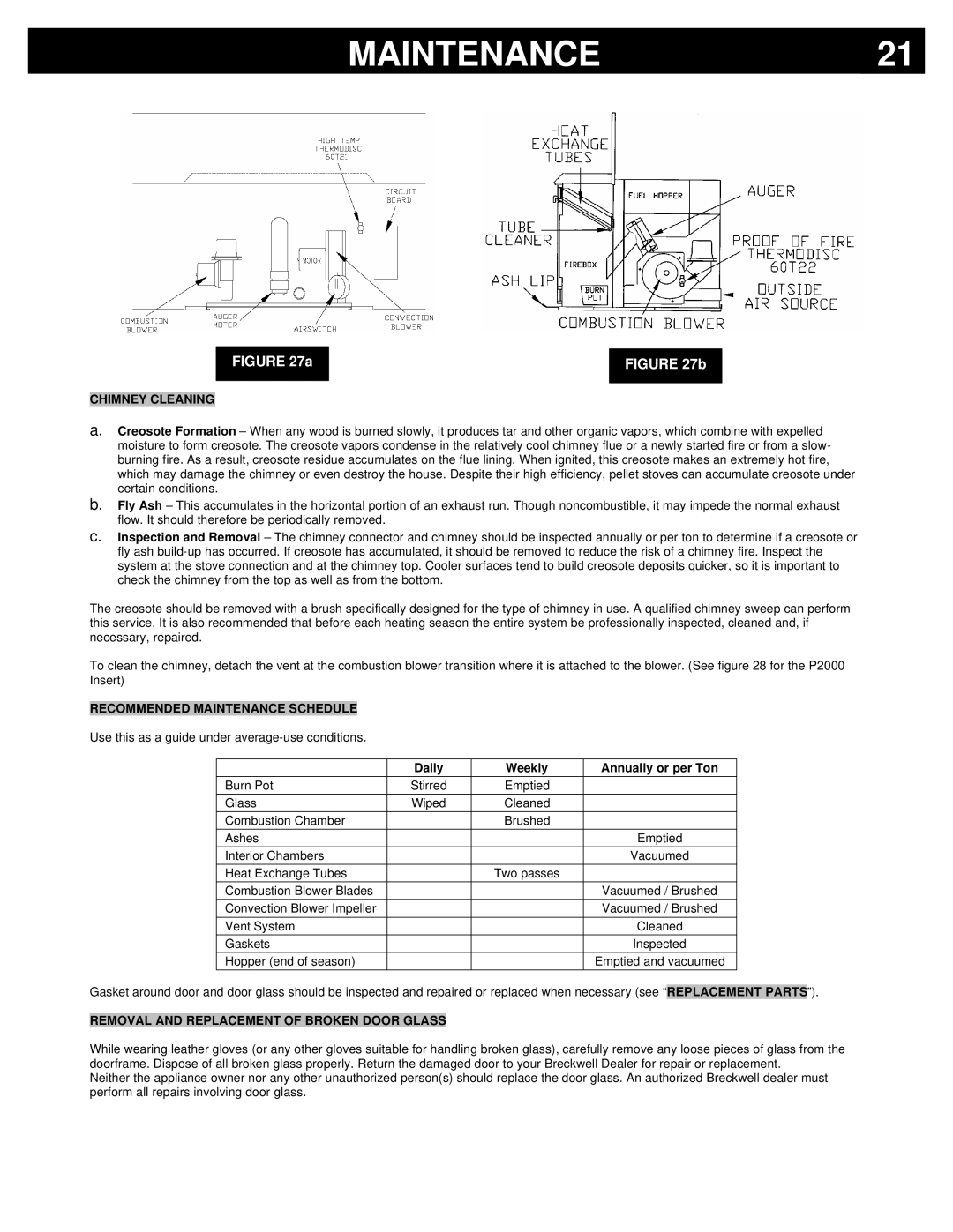 Breckwell P2000I, P2000FS owner manual Chimney Cleaning, Recommended Maintenance Schedule, Daily Weekly Annually or per Ton 