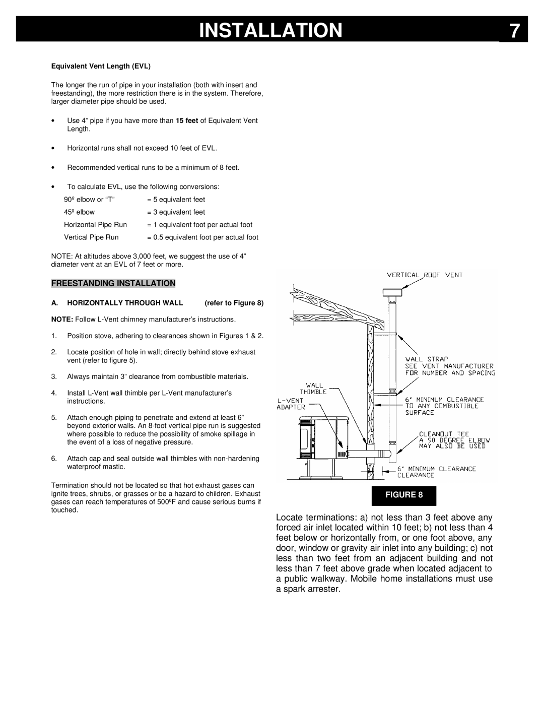 Breckwell P2000I, P2000FS owner manual Freestanding Installation, Equivalent Vent Length EVL, Horizontally Through Wall 