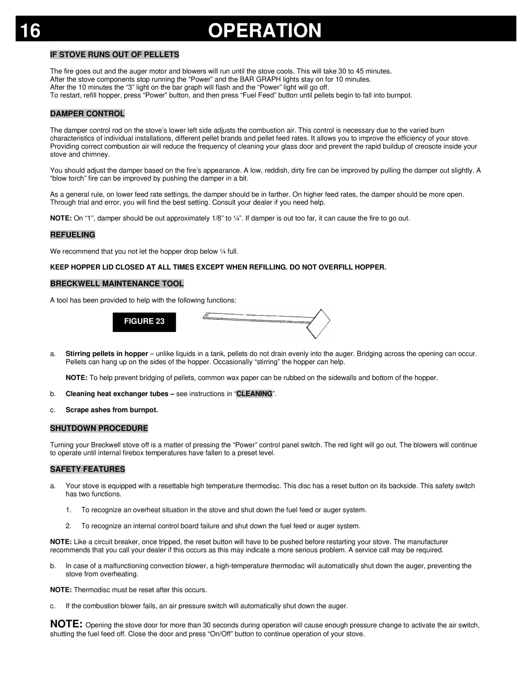 Breckwell P22I If Stove Runs OUT of Pellets, Damper Control, Refueling, Breckwell Maintenance Tool, Shutdown Procedure 