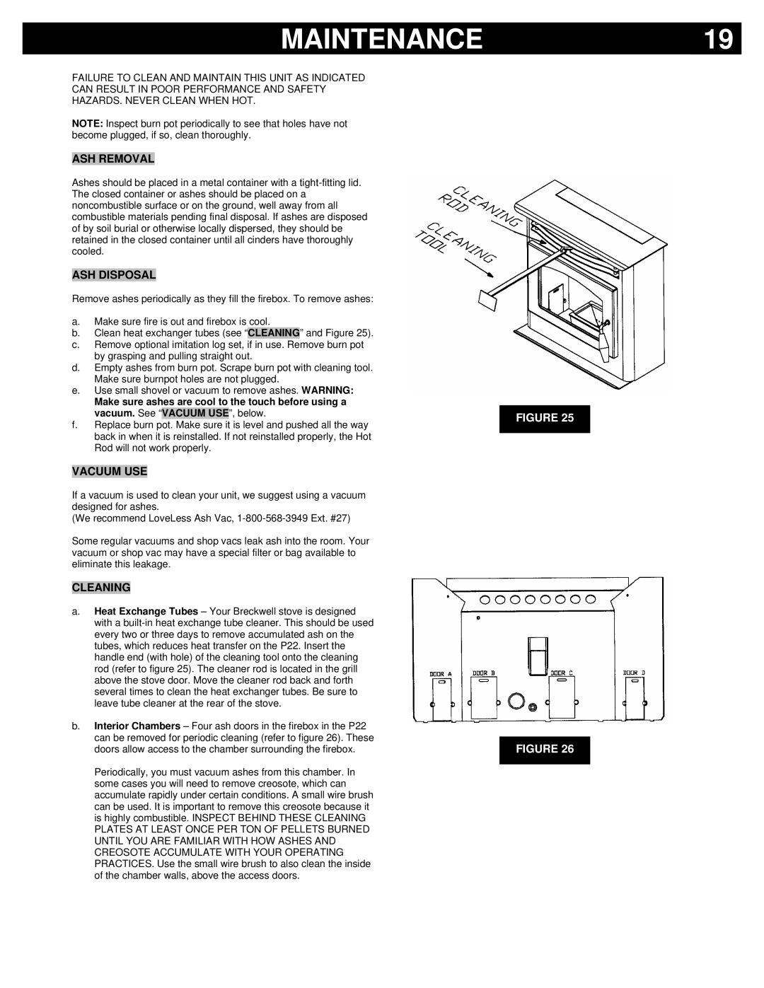 Breckwell P22I, P22FSL, P22FSA owner manual Maintenance, ASH Removal, ASH Disposal, Vacuum USE, Cleaning 