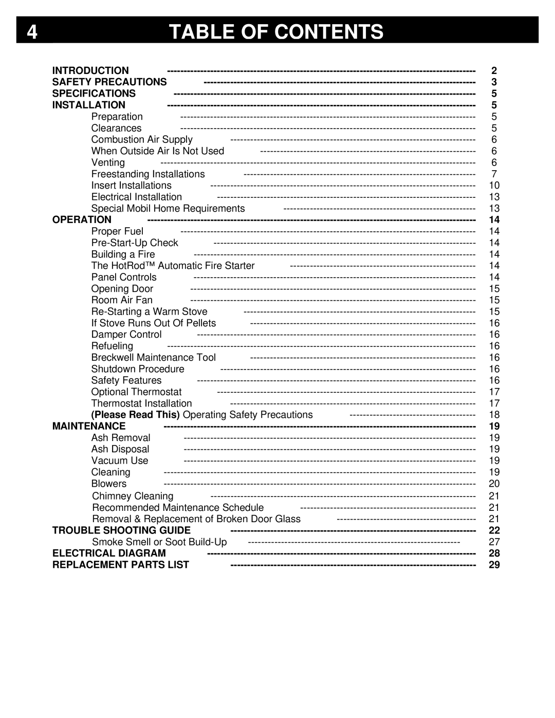 Breckwell P22I, P22FSL, P22FSA owner manual Table of Contents 