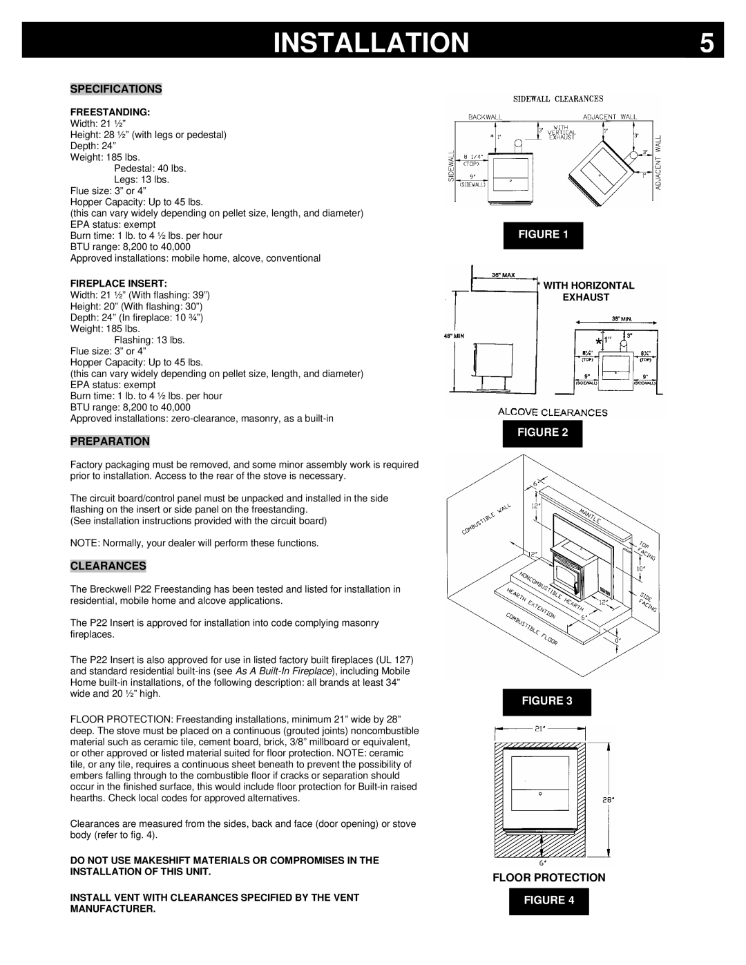 Breckwell P22FSA, P22FSL, P22I owner manual Installation, Specifications, Preparation, Clearances, Floor Protection 