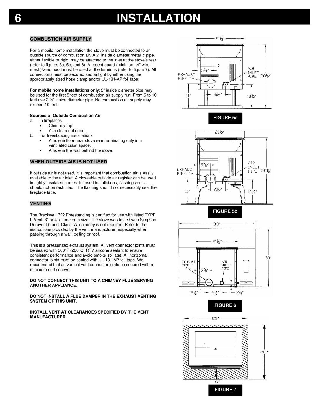 Breckwell P22FSL, P22I, P22FSA owner manual Combustion AIR Supply, When Outside AIR is not Used, Venting 