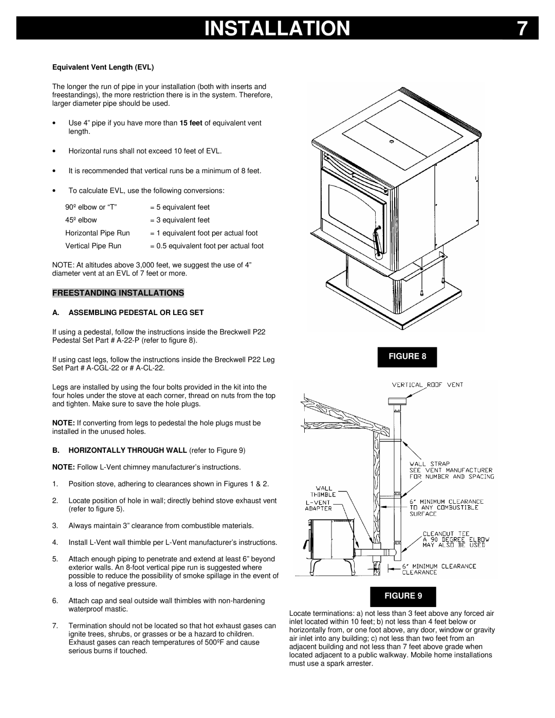 Breckwell P22I, P22FSL, P22FSA Freestanding Installations, Equivalent Vent Length EVL, Assembling Pedestal or LEG SET 