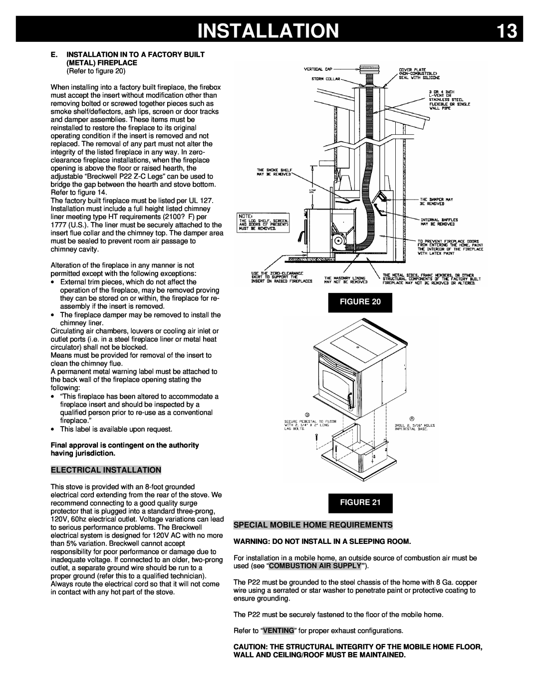 Breckwell P22I, P22FSL, P22FSA owner manual Electrical Installation, Figure Figure, Special Mobile Home Requirements 