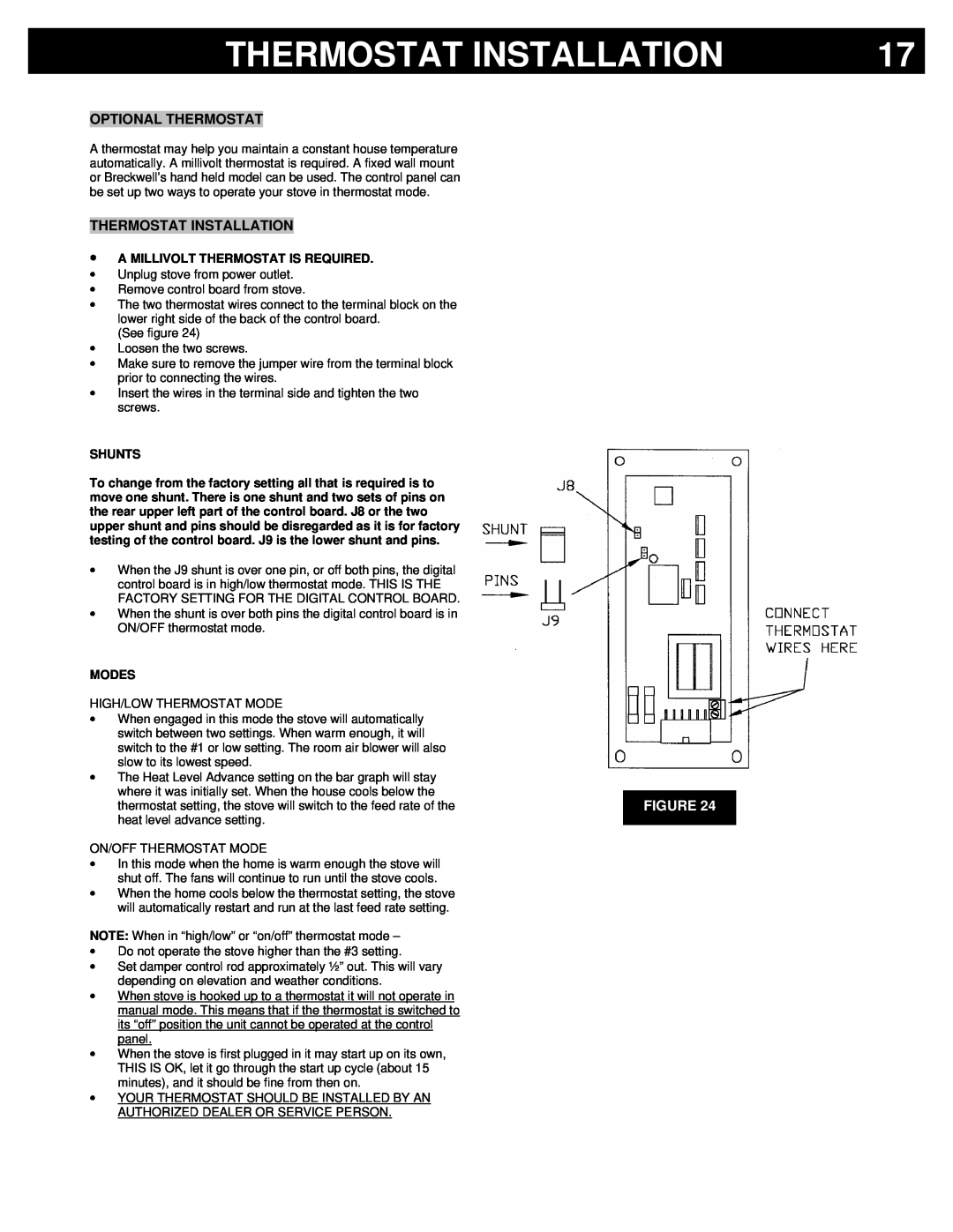 Breckwell P22FSA, P22FSL, P22I owner manual Thermostat Installation, ∙A Millivolt Thermostat Is Required, Shunts, Modes 