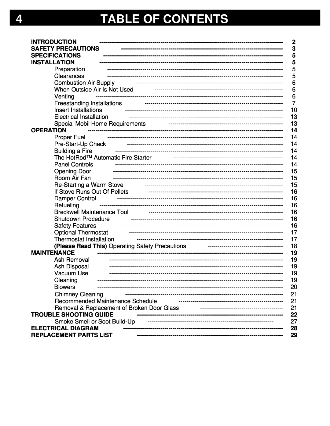 Breckwell P22I, P22FSL, P22FSA owner manual Table Of Contents 