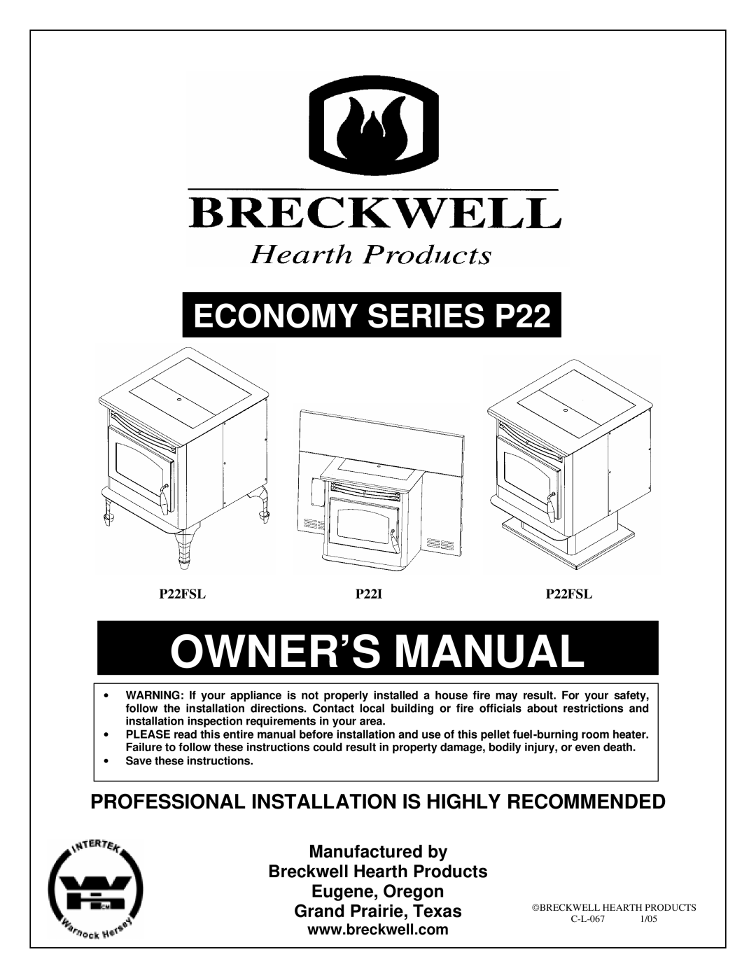 Breckwell P22I, P22FSL owner manual Economy Series P22 