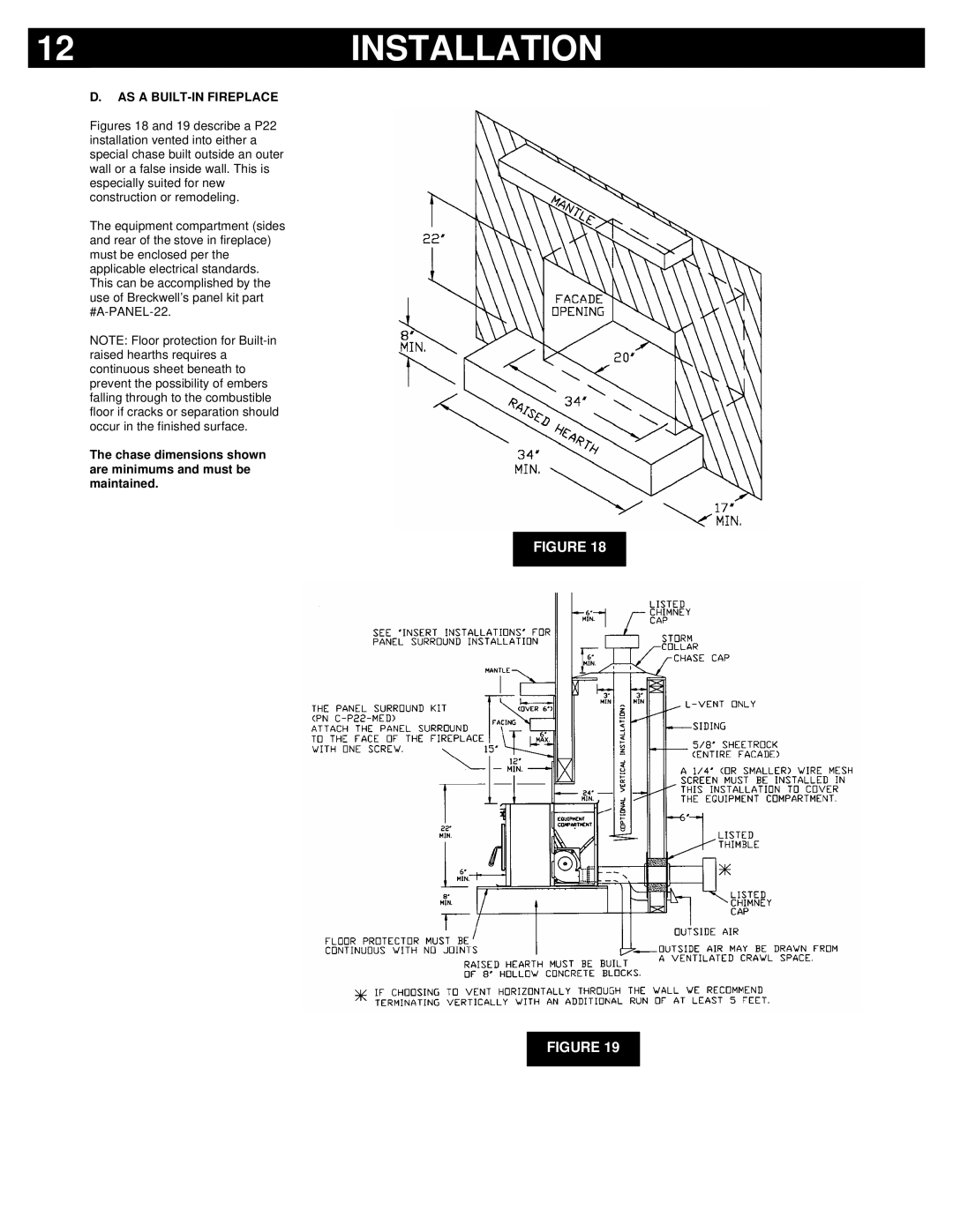 Breckwell P22FSL, P22I owner manual AS a BUILT-IN Fireplace, Chase dimensions shown are minimums and must be maintained 