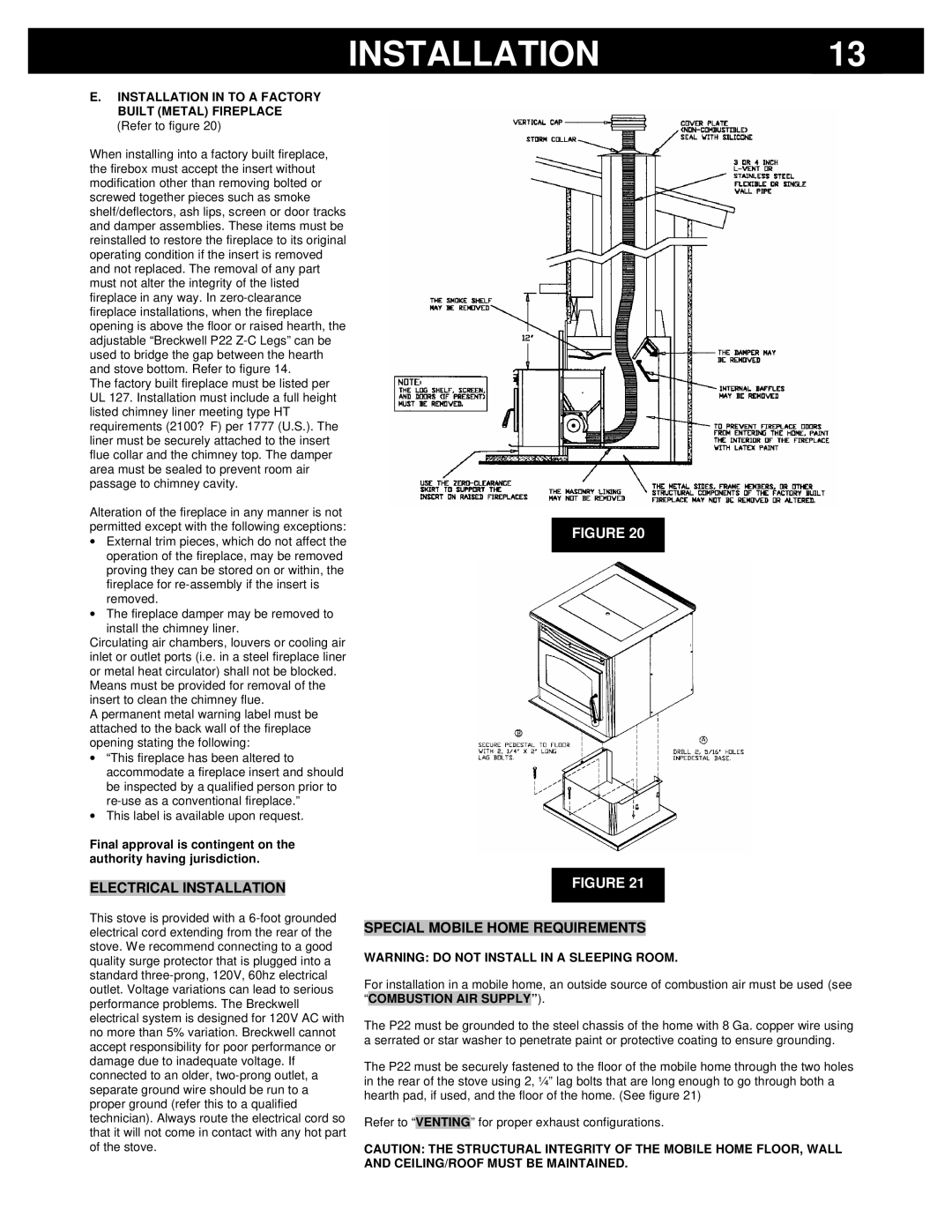 Breckwell P22I, P22FSL owner manual Electrical Installation, Special Mobile Home Requirements, Combustion AIR Supply 