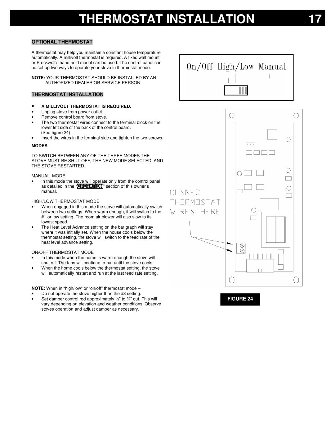 Breckwell P22I, P22FSL Thermostat Installation, Optional Thermostat, ∙ a Millivolt Thermostat is Required, Modes 