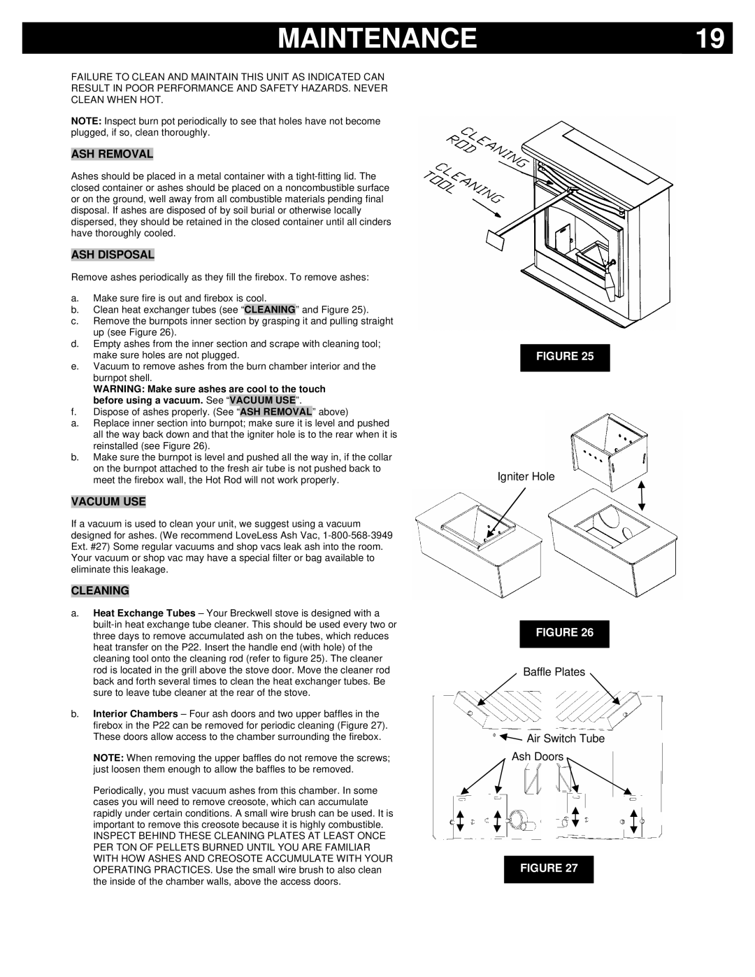 Breckwell P22I, P22FSL owner manual Maintenance, ASH Removal, ASH Disposal, Vacuum USE, Cleaning 