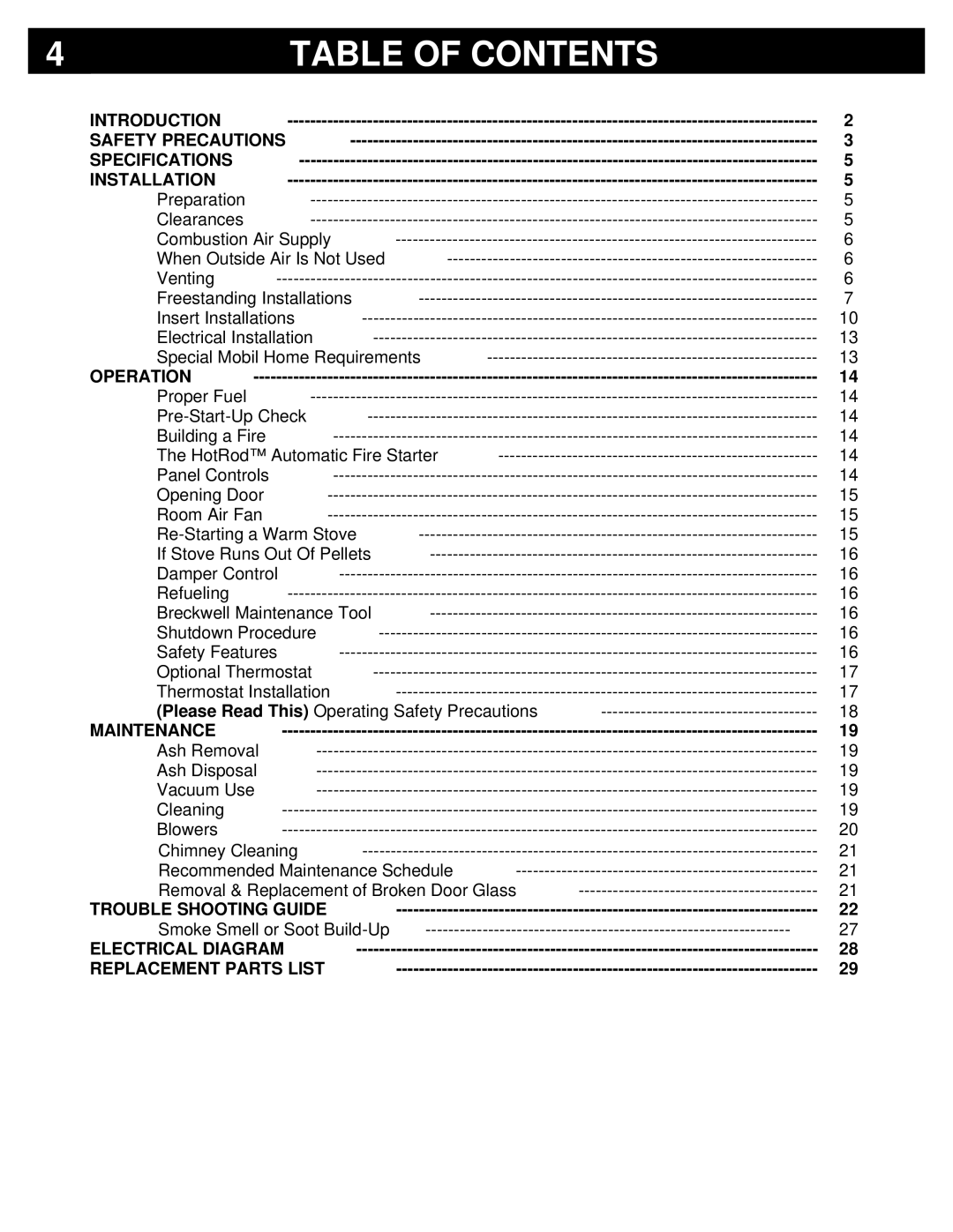 Breckwell P22FSL, P22I owner manual Table of Contents 