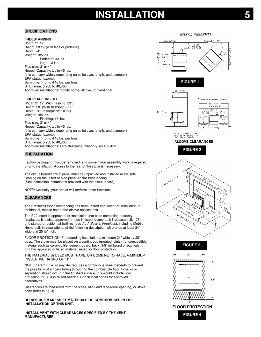 Breckwell P22I, P22FSL owner manual Installation, Specifications, Preparation, Clearances, Floor Protection 