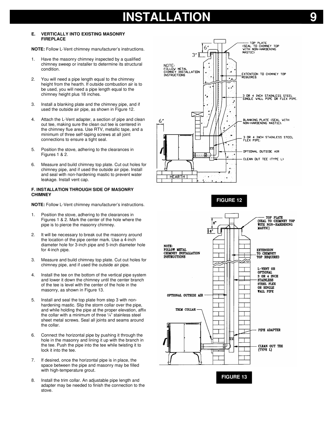 Breckwell P22I, P22FSL owner manual Vertically Into Existing Masonry Fireplace, Installation Through Side of Masonry Chimney 