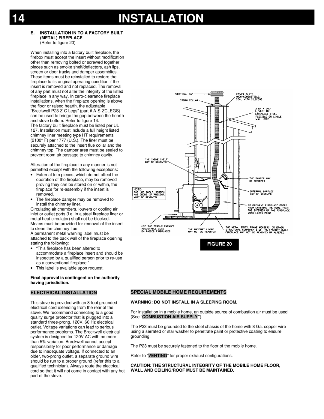 Breckwell P23FSL, P23I, P23FSA owner manual Electrical Installation Special Mobile Home Requirements 