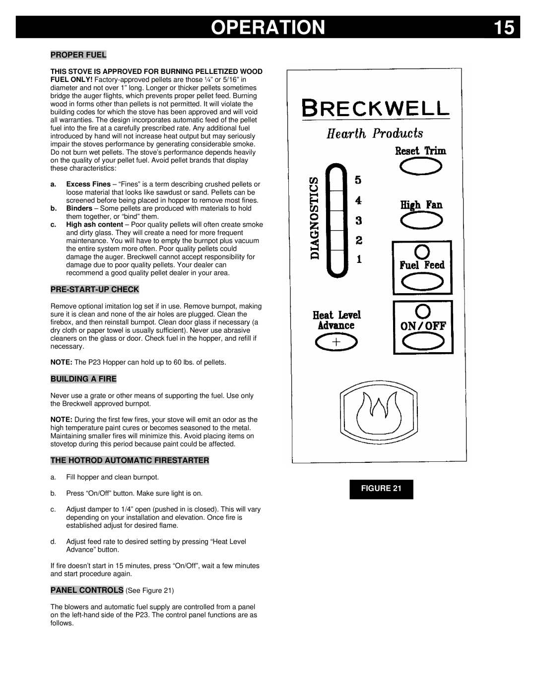 Breckwell P23I, P23FSA, P23FSL Operation, Proper Fuel, PRE-START-UP Check, Building a Fire, Hotrod Automatic Firestarter 