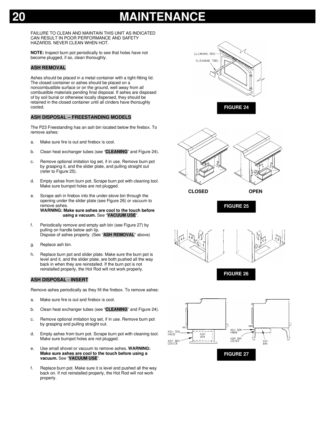 Breckwell P23FSL, P23I, P23FSA Maintenance, ASH Removal, ASH Disposal Freestanding Models, ASH Disposal Insert, Closedopen 