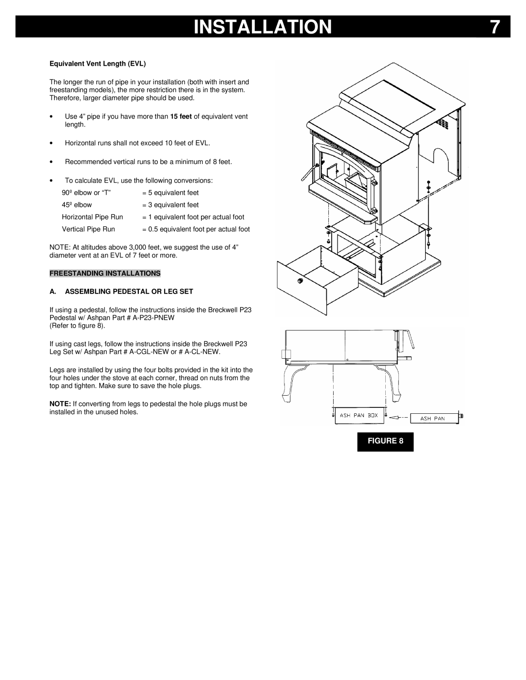 Breckwell P23FSA, P23I, P23FSL Equivalent Vent Length EVL, Freestanding Installations Assembling Pedestal or LEG SET 