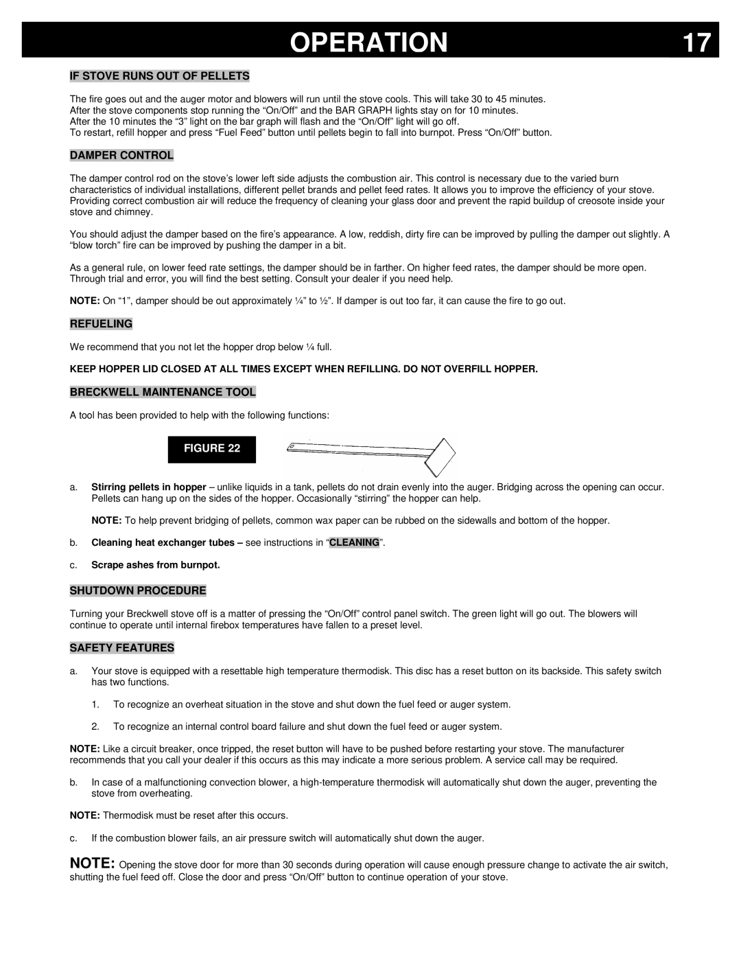 Breckwell P23FSL If Stove Runs OUT of Pellets, Damper Control, Refueling, Breckwell Maintenance Tool, Shutdown Procedure 