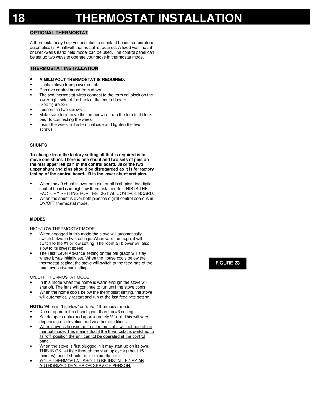 Breckwell P23I, P23FSA, P23FSL owner manual Thermostat Installation, Optional Thermostat 