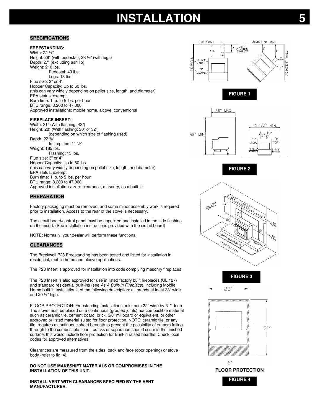 Breckwell P23FSL, P23I, P23FSA owner manual Installation, Specifications, Preparation, Clearances, Floor Protection 