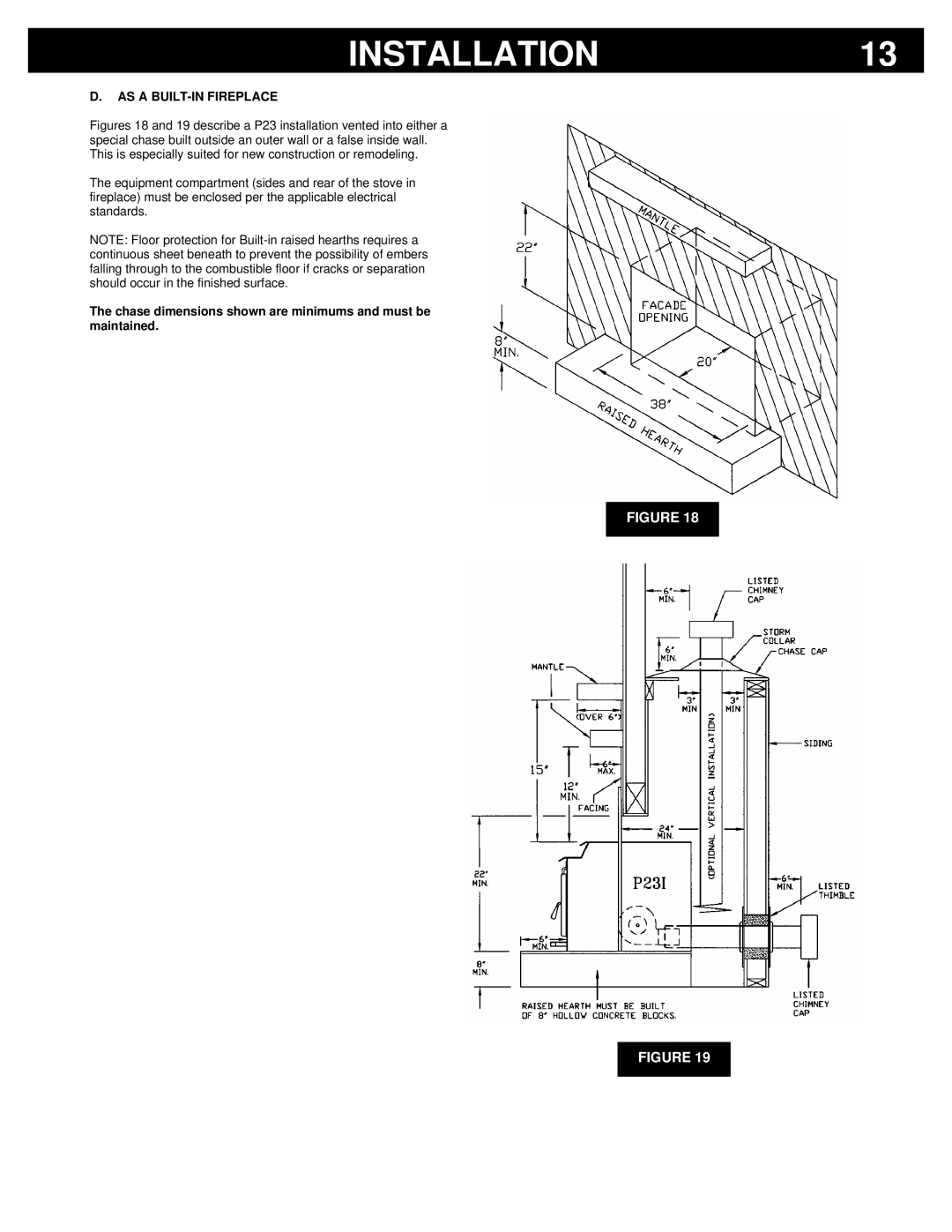 Breckwell P23FSA, P23I, P23FSL AS a BUILT-IN Fireplace, Chase dimensions shown are minimums and must be maintained 