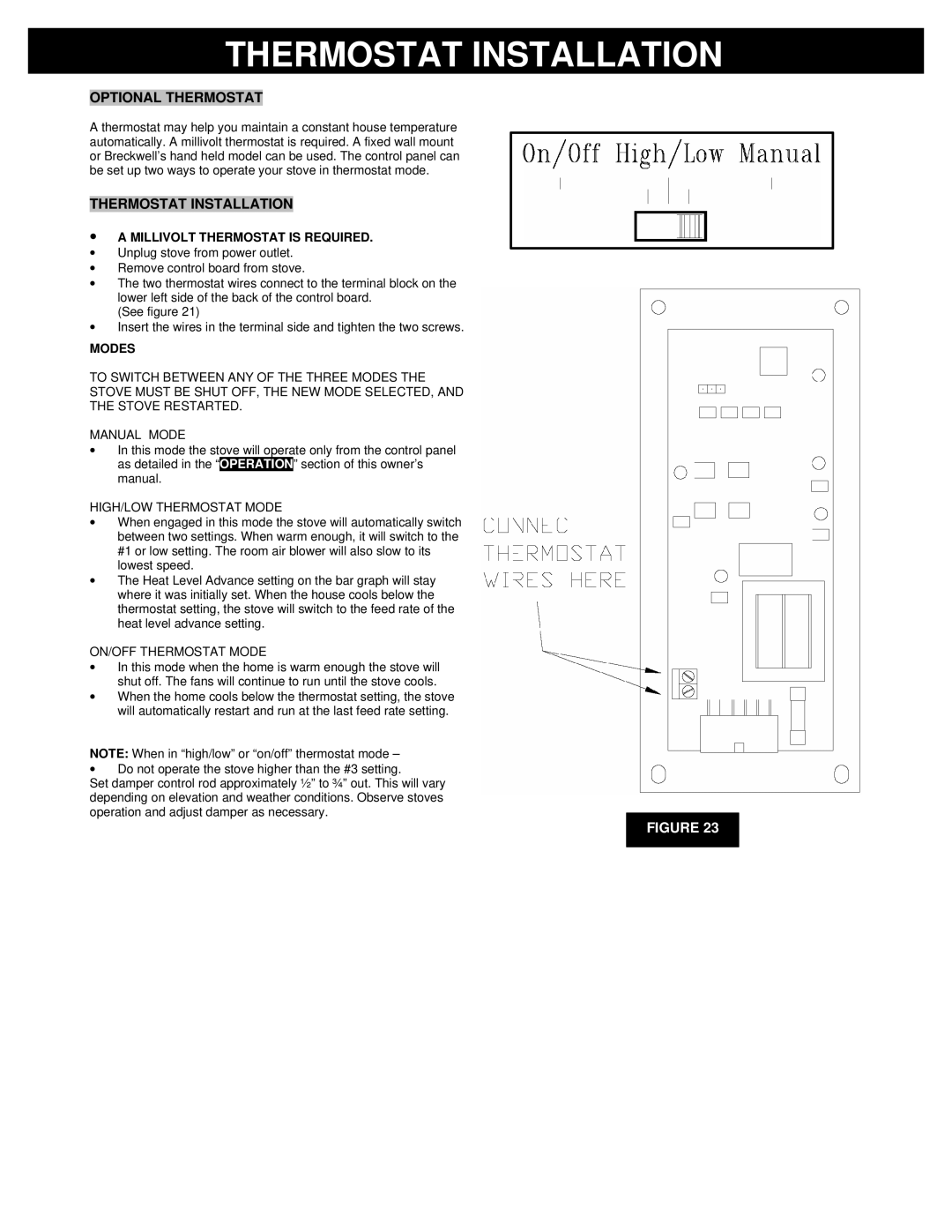 Breckwell P23I, P23FSA, P23FSL Thermostat Installation, Optional Thermostat, ∙ a Millivolt Thermostat is Required, Modes 