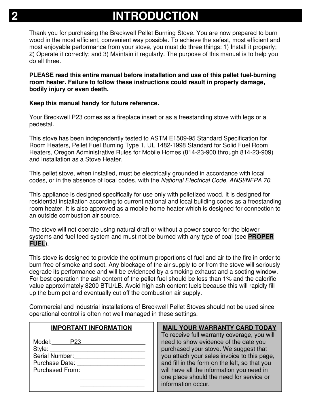 Breckwell P23FSL, P23I, P23FSA owner manual Introduction, Important Information 