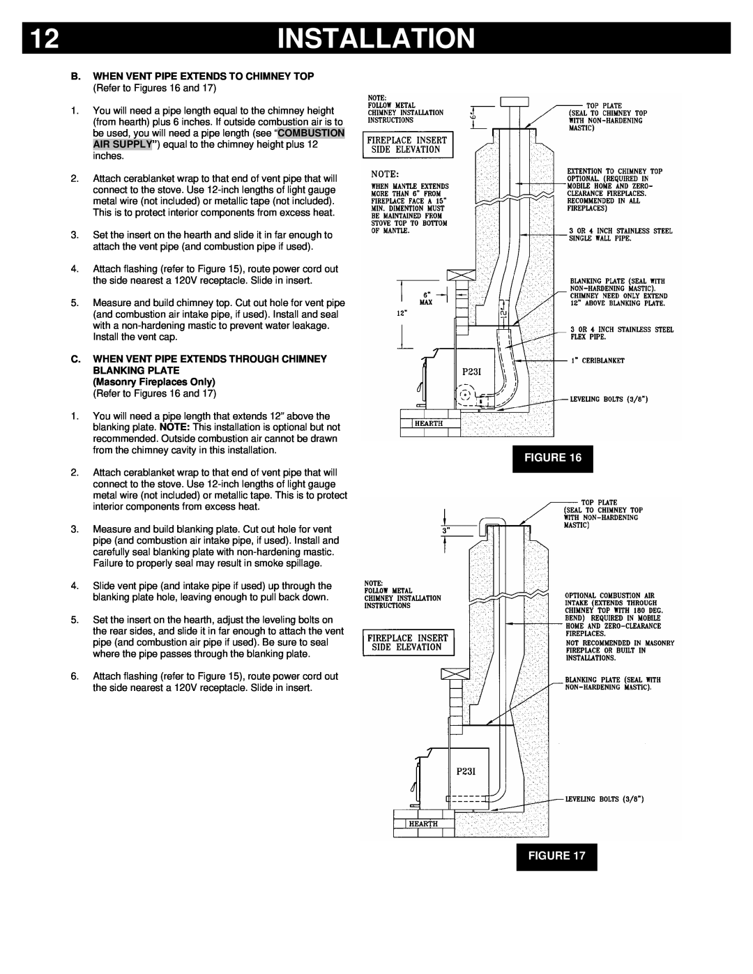 Breckwell P23I, P23FSA, P23FSL owner manual Installation, Figure Figure, Masonry Fireplaces Only Refer to Figures 16 and 