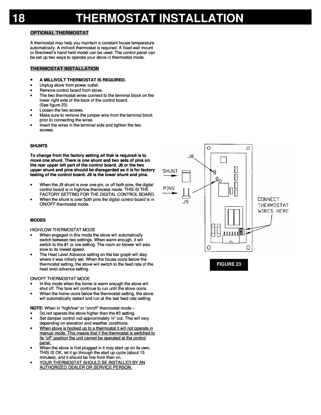 Breckwell P23I, P23FSA, P23FSL owner manual Thermostat Installation, ∙A Millivolt Thermostat Is Required, Shunts, Modes 