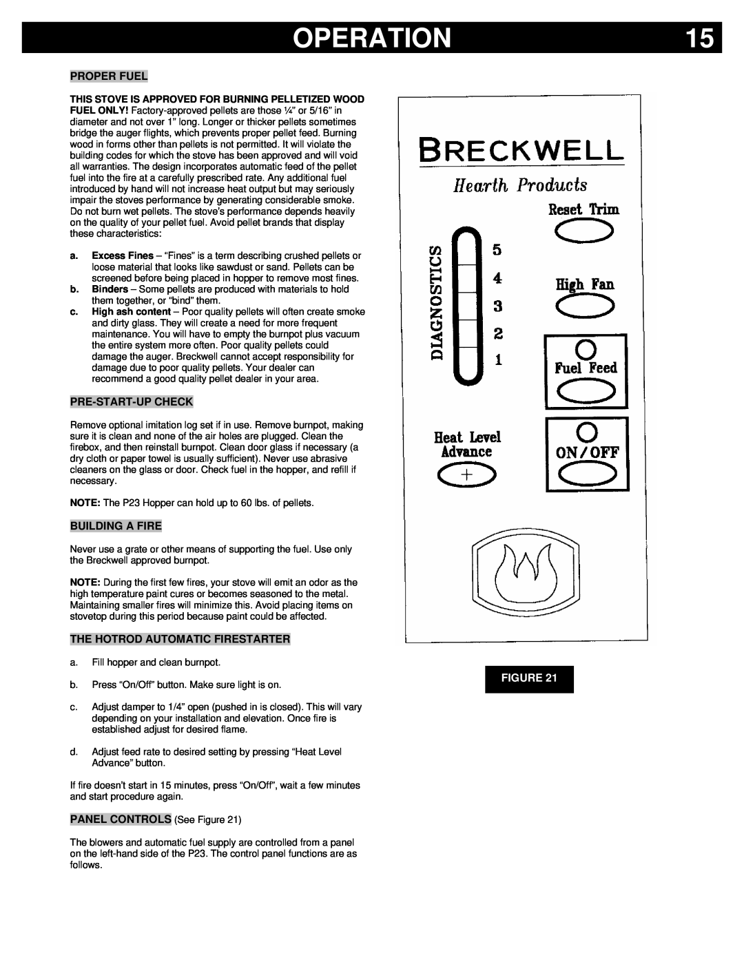 Breckwell P23I, P23FSA, P23FSL Operation, Proper Fuel, Pre-Start-Upcheck, Building A Fire, The Hotrod Automatic Firestarter 