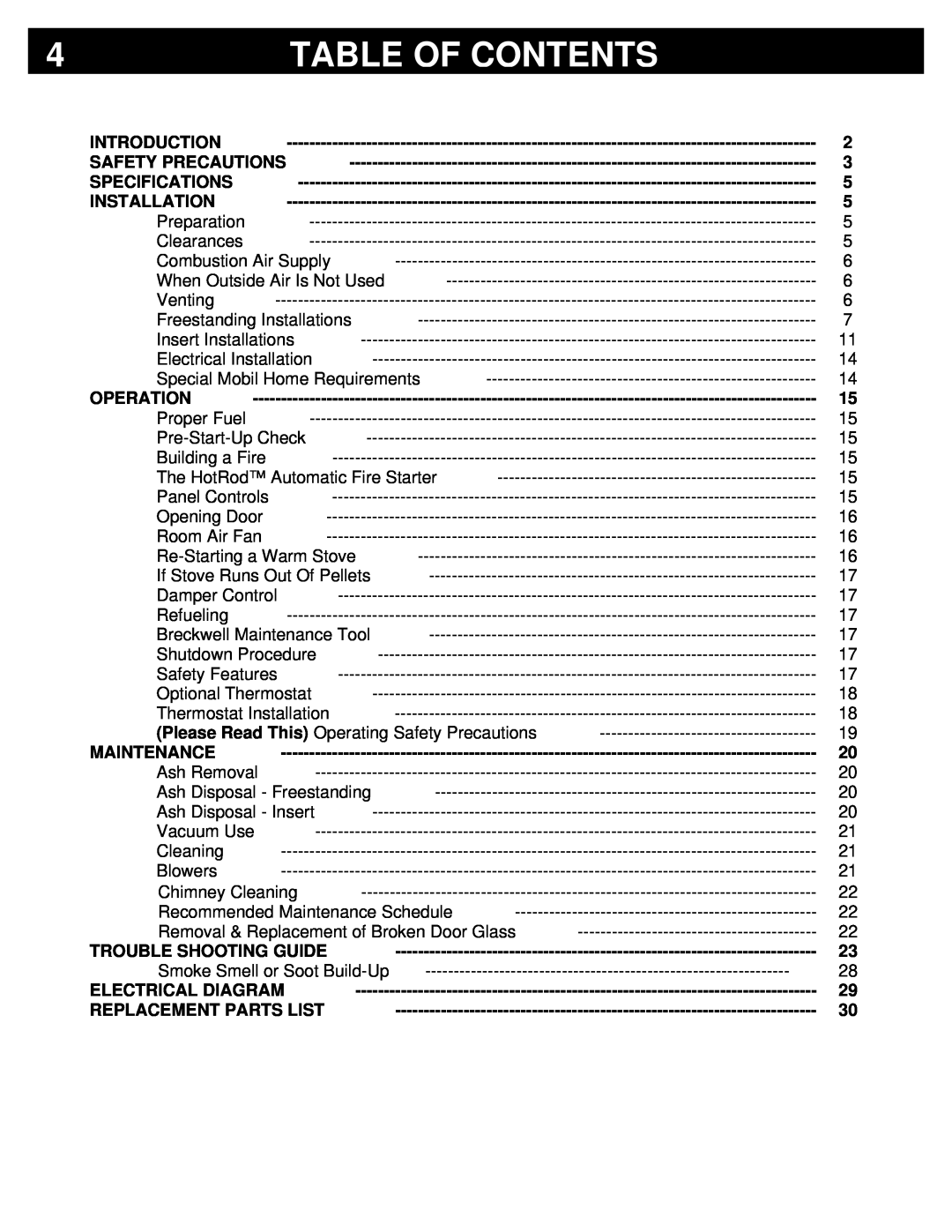 Breckwell P23FSA, P23I, P23FSL owner manual Table Of Contents 