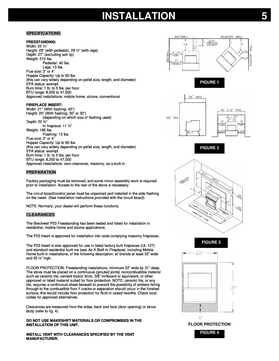 Breckwell P23FSL, P23I, P23FSA owner manual Installation, Figure Figure Figure, Freestanding, Fireplace Insert 