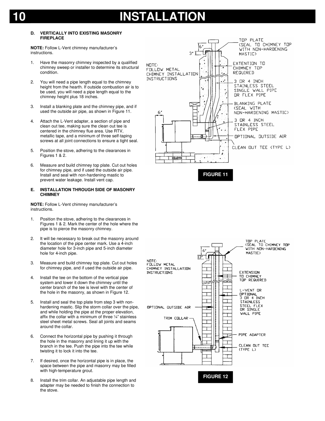 Breckwell P24I, P24FS owner manual Vertically Into Existing Masonry Fireplace, Installation Through Side of Masonry Chimney 