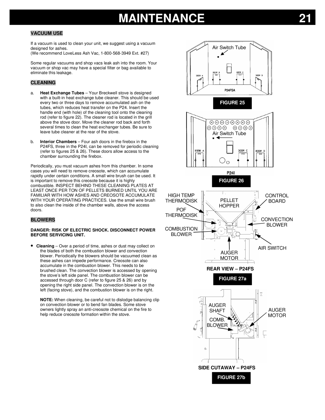 Breckwell P24I owner manual Vacuum USE, Cleaning, Blowers, Rear View P24FS, Side Cutaway P24FS 