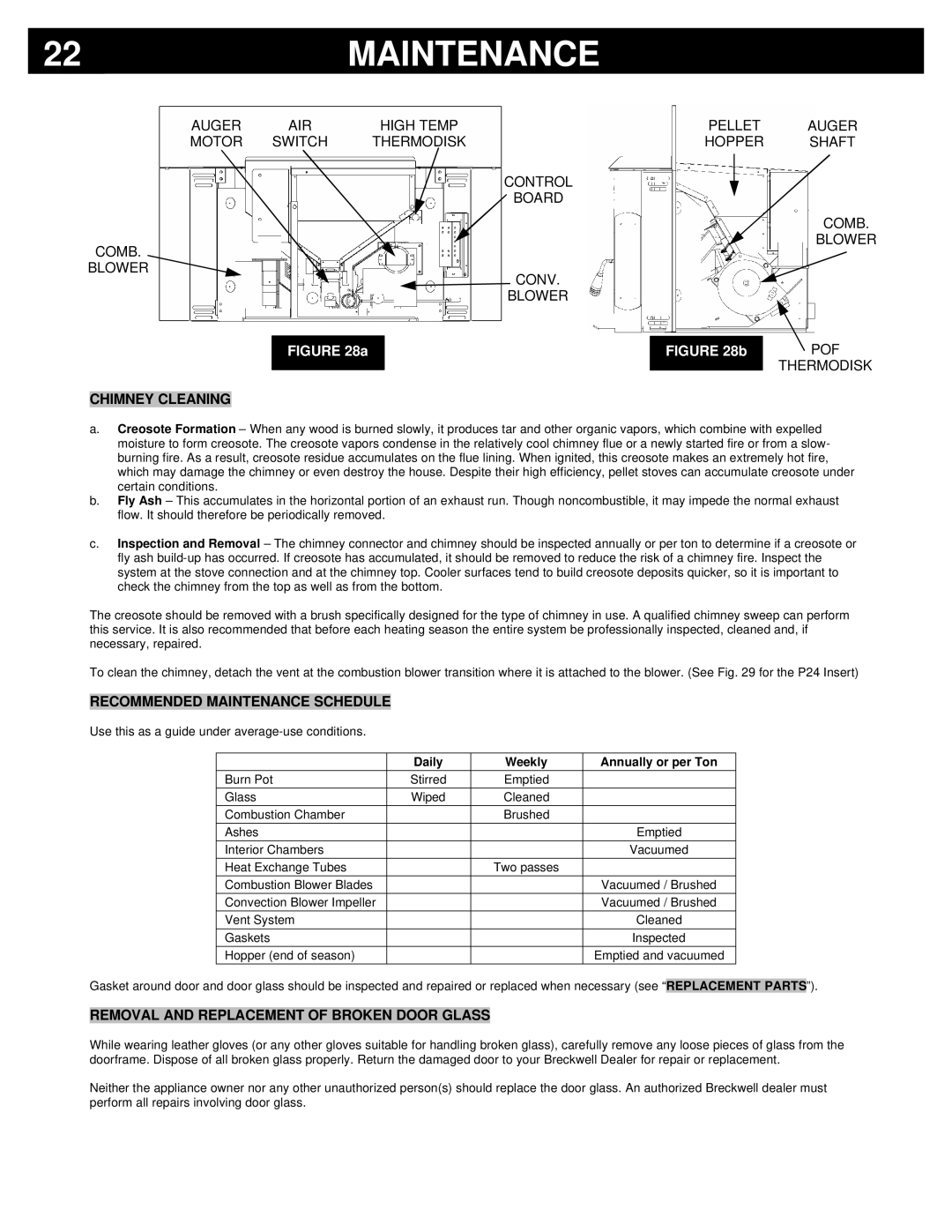 Breckwell P24I, P24FS Chimney Cleaning, Recommended Maintenance Schedule, Removal and Replacement of Broken Door Glass 